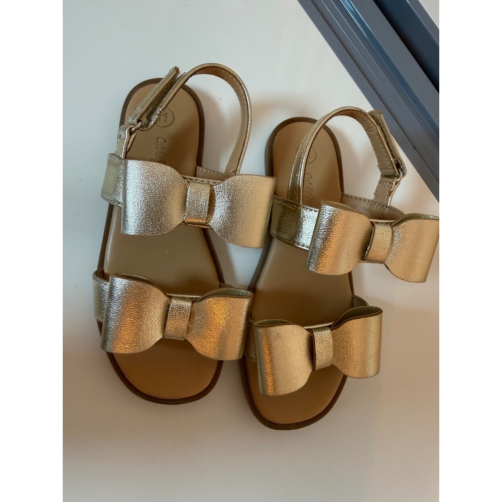 Cat & Jack Sandals Girls Size 11 Gold Metallic Double Bow Strappy Dress Shoes